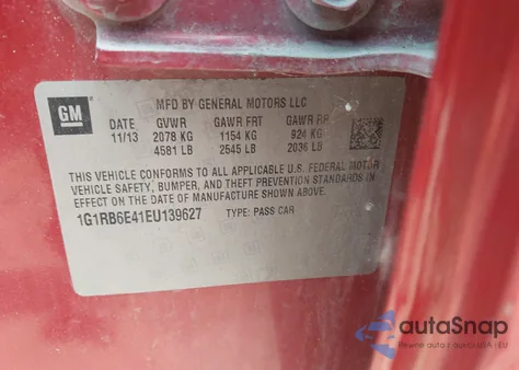 2014 Chevrolet Volt из США, поврежденный, VIN 1G1RB6E41EU139627